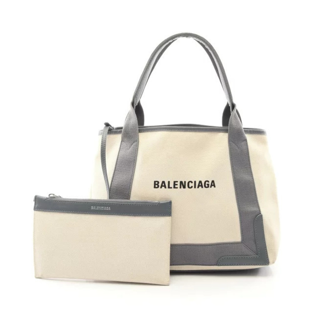 Balenciaga Navy Blue Cabas Tote Bag Canvas Leather Ivory White Gray